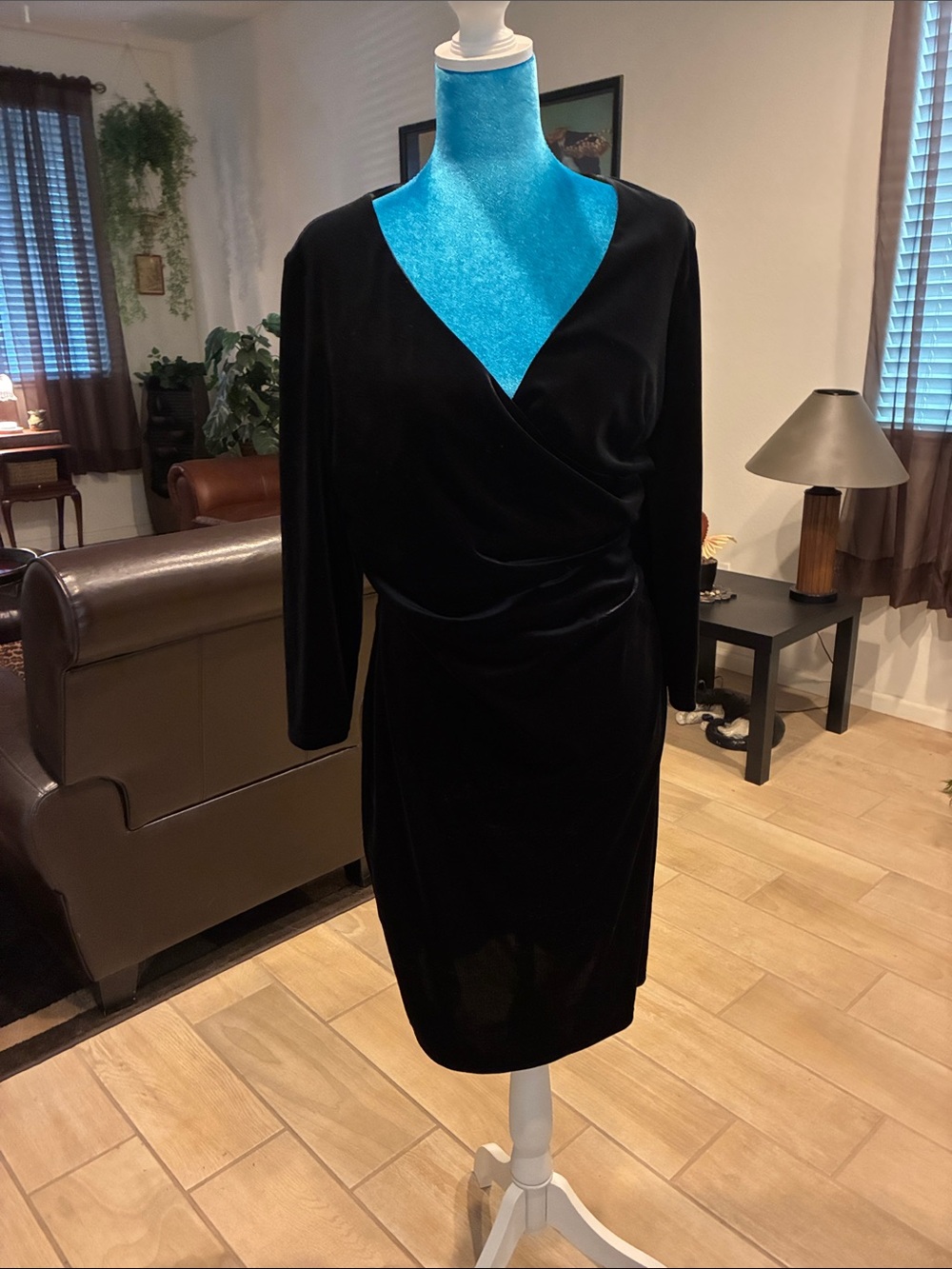 Chaps Black Velvet Long-Sleeve Wrap Dress